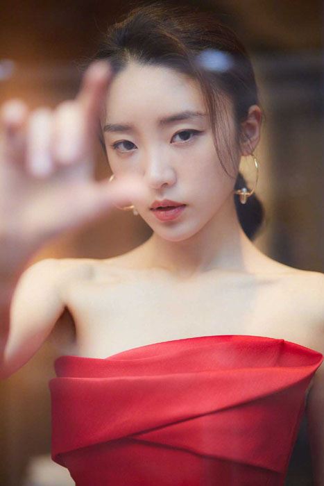 张月红玫瑰拖地礼服明艳动人写真图片