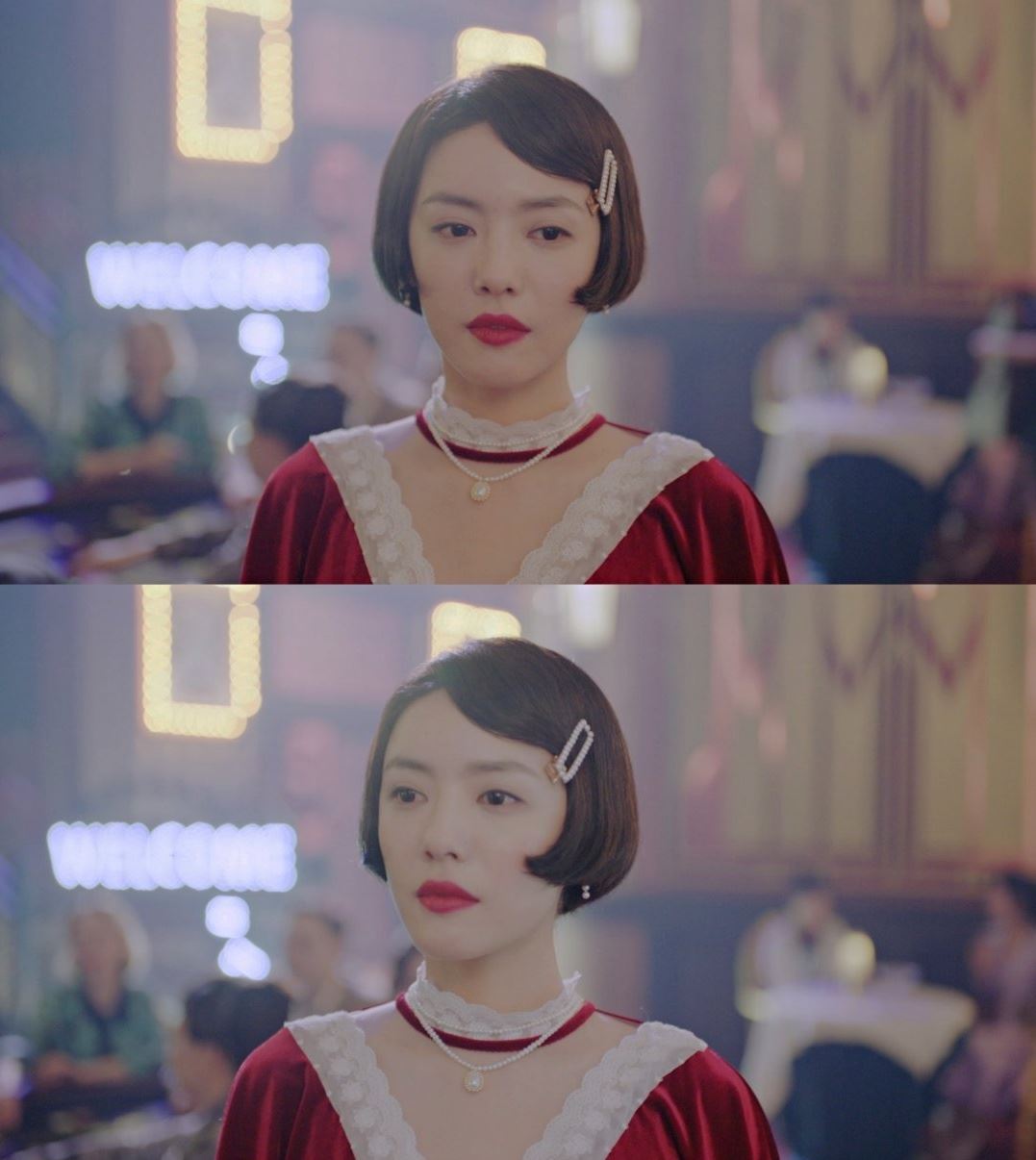 蔡文静新剧短发红唇造型妩媚动人