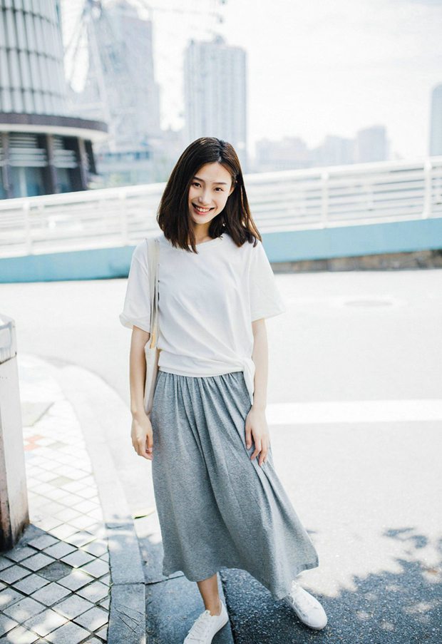 森女系亚麻长裙可爱女生图片