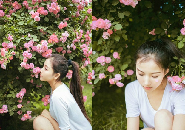 玫瑰花下的可爱女生图片照片