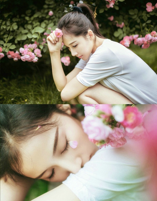 玫瑰花下的可爱女生图片照片