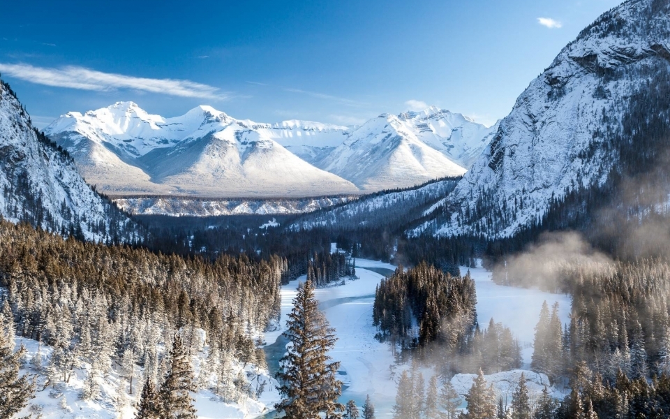 雪山森林和湖水梦幻野生大自然风景图片